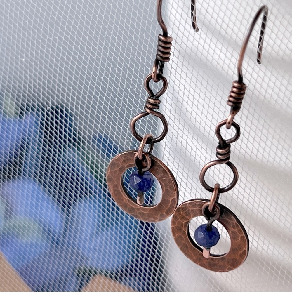Artisan Hammered Copper Dangle Earrings with Jade Accent Beads - Picture 3 of 12